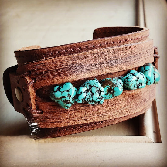 Genuine Leather Wide Cuff with Blue Turquoise Chunks 001z