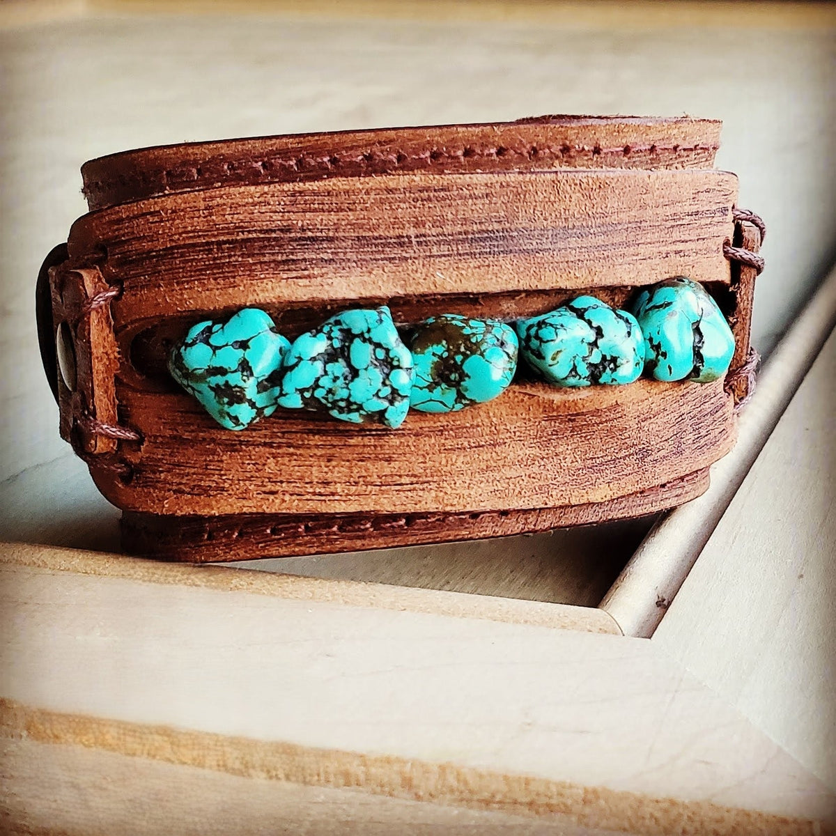 Genuine Leather Wide Cuff with Blue Turquoise Chunks 001z