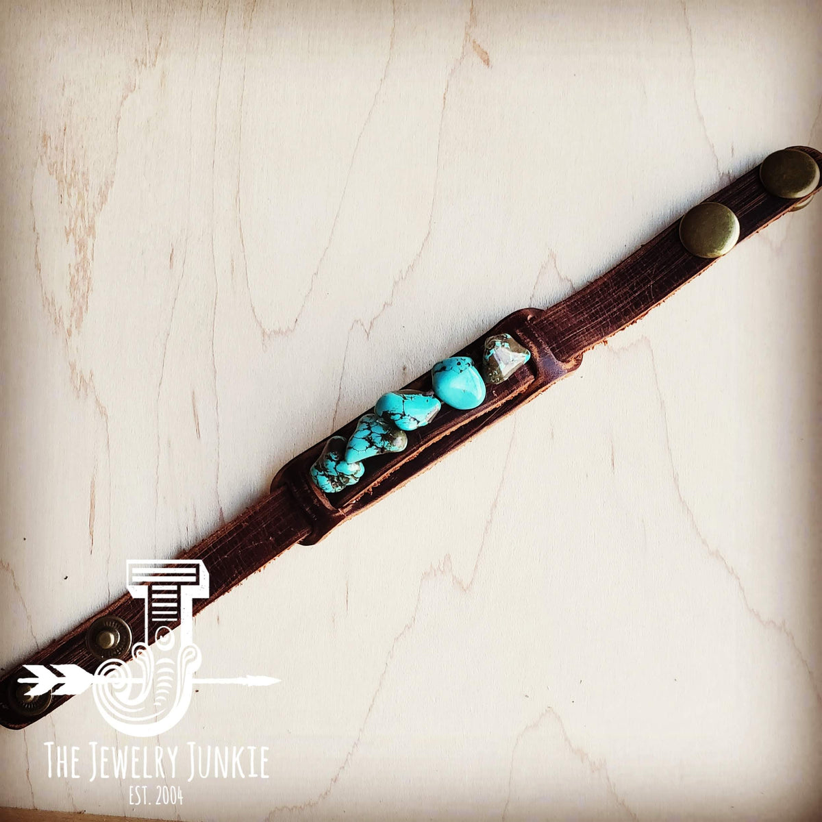 Genuine Leather Narrow Cuff with Blue Turquoise Chunks 002a