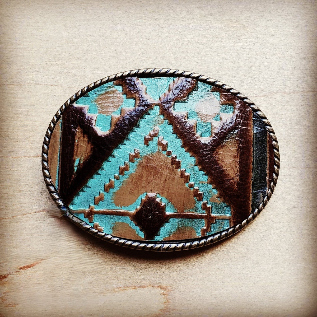Rope Edge Turquoise Navajo Leather Belt Buckle 901q