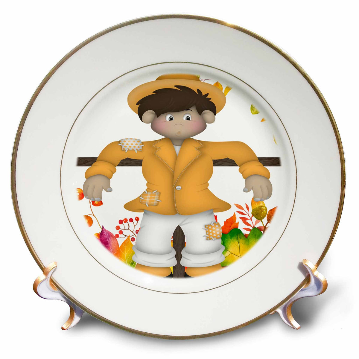 3dRose Cute Light Orange Scarecrow with Fall Foliage Illustration - Plates (cp_327371)
