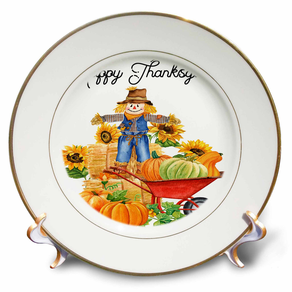 3dRose Happy Thanksgiving With A Scarecrow and Wheelbarrow Of Pumpkins - Plates (cp-369948)