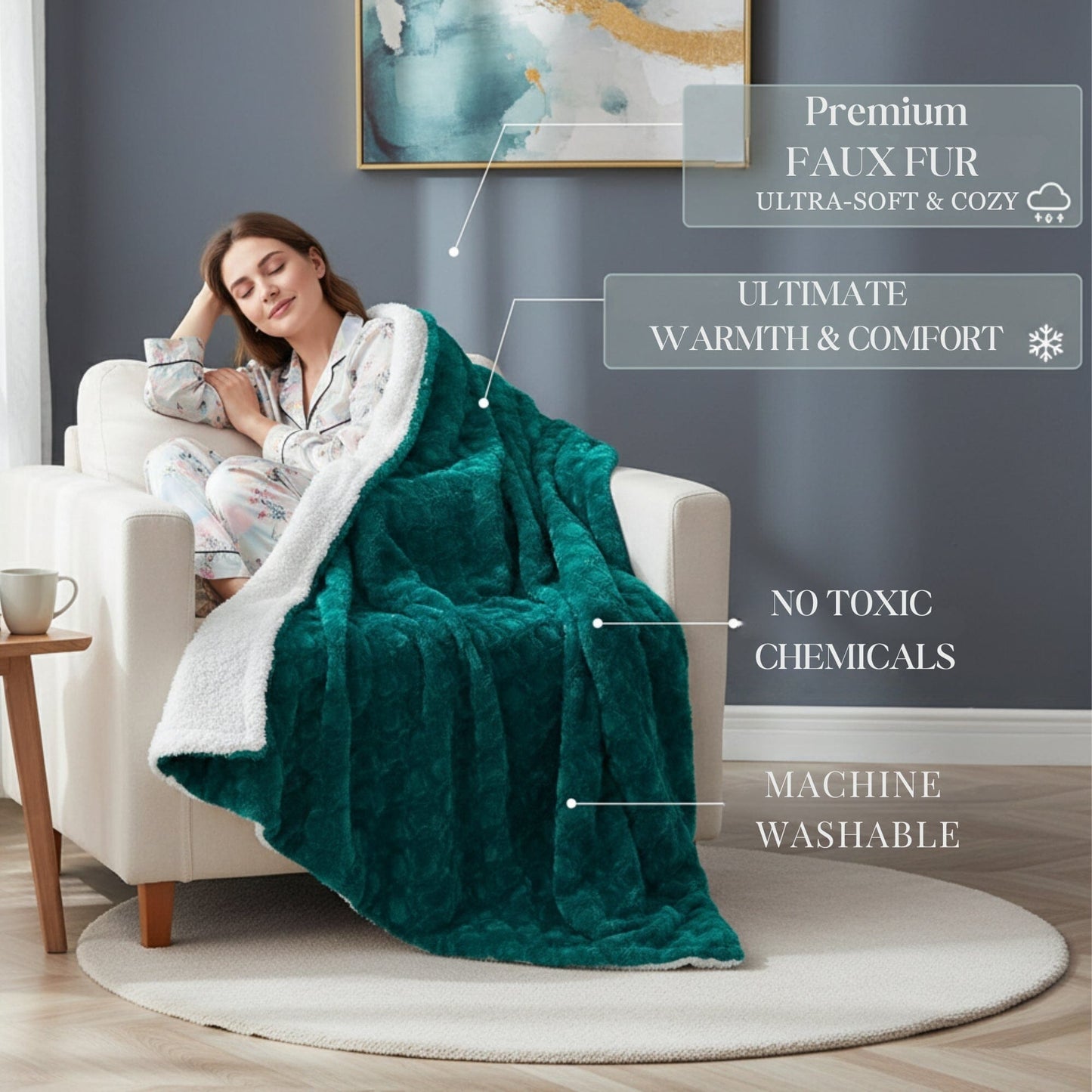 DaDa Bedding Emerald Green Blue Faux Fur Sherpa Throw Blanket