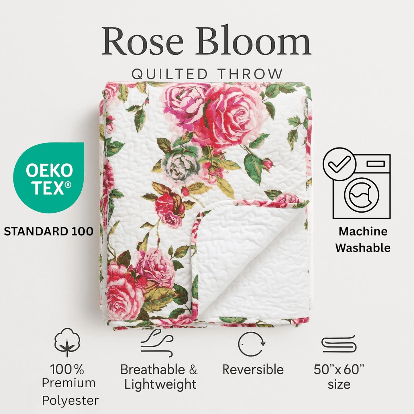 DaDa Bedding Romantic Roses Floral Throw Blanket - Lovely Spring Pink & White Scalloped Colorful Lightweight Breathable - Bright Vibrant Quilted Throw Blanket - 50 x 60