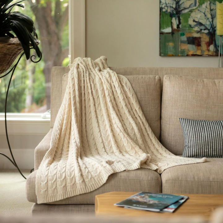 Hand-Finished Undyed Baby Alpaca & Peruvian Pima Cotton Cable Knit Throw Blanket | Ivory | Muru Collection