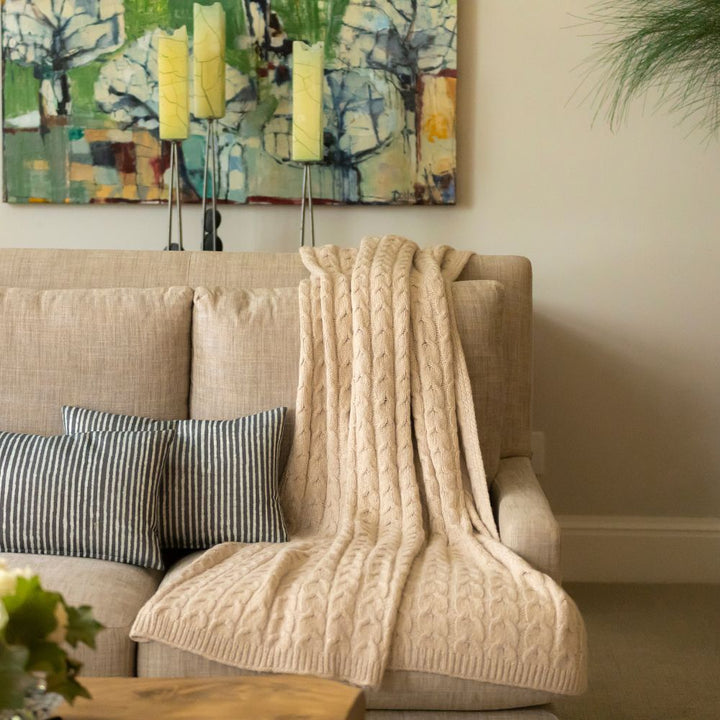 Hand-Finished Undyed Baby Alpaca & Peruvian Pima Cotton Cable Knit Throw Blanket | Light Tan | Muru Collection