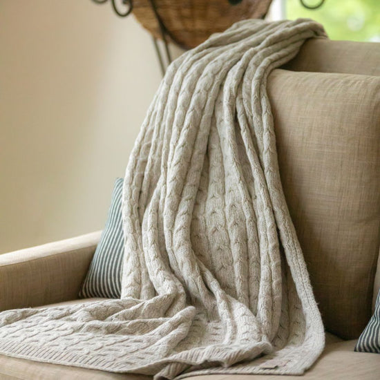 Hand-Finished Undyed Baby Alpaca & Peruvian Pima Cotton Cable Knit Throw Blanket | Silver Gray | Muru Collection