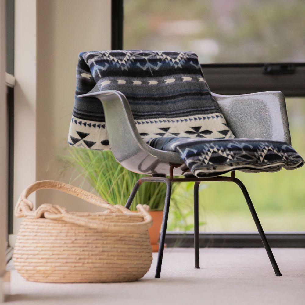Reversible Handwoven Alpaca Throw Blanket | Geometric Blue, Gray & Cream | Yachana Collection