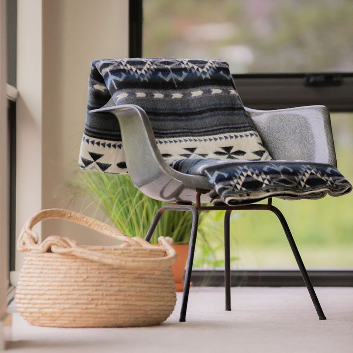 Reversible Handwoven Alpaca Throw Blanket | Geometric Blue, Gray & Cream | Yachana Collection