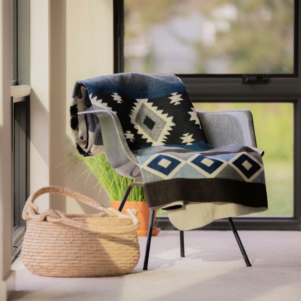 Reversible Handwoven Alpaca Throw Blanket | Diamond Blue, Gray & Black | Yachana Collection