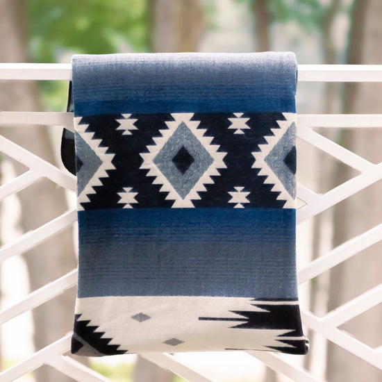 Reversible Handwoven Alpaca Throw Blanket | Diamond Blue, Gray & Black | Yachana Collection
