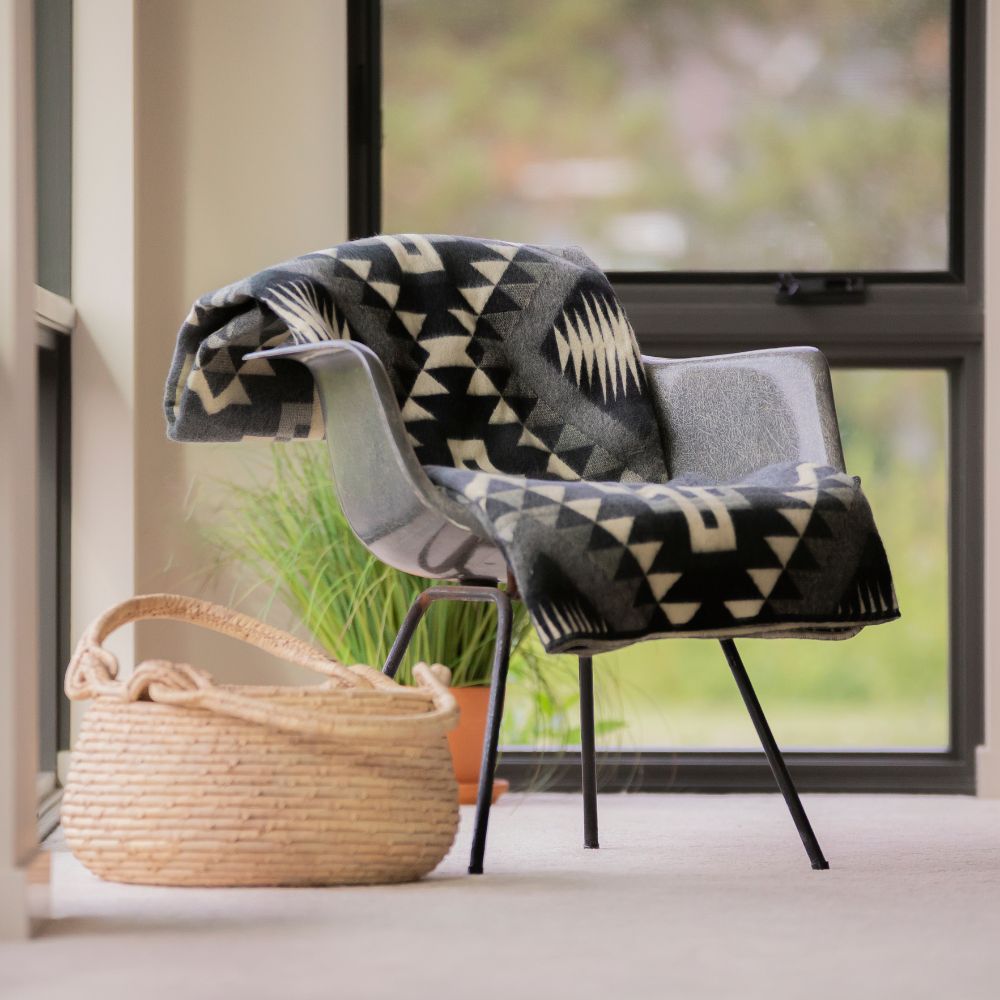 Reversible Handwoven Alpaca Throw Blanket | Interlocking Lines Gray, Black & Cream | Yachana Collection