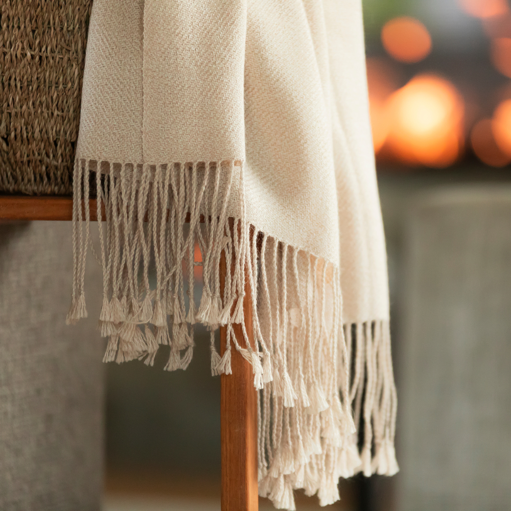 Handloomed 100% Undyed Baby Alpaca Throw Blanket | Ivory Mist | Wasi Collection