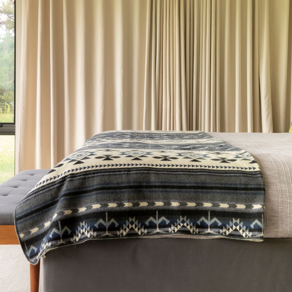 Reversible Handwoven Alpaca Throw Blanket | Geometric Blue, Gray & Cream | Yachana Collection