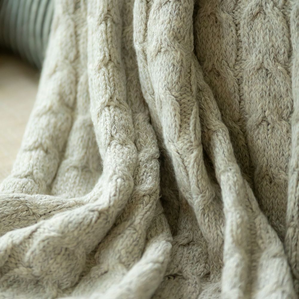 Hand-Finished Undyed Baby Alpaca & Peruvian Pima Cotton Cable Knit Throw Blanket | Silver Gray | Muru Collection