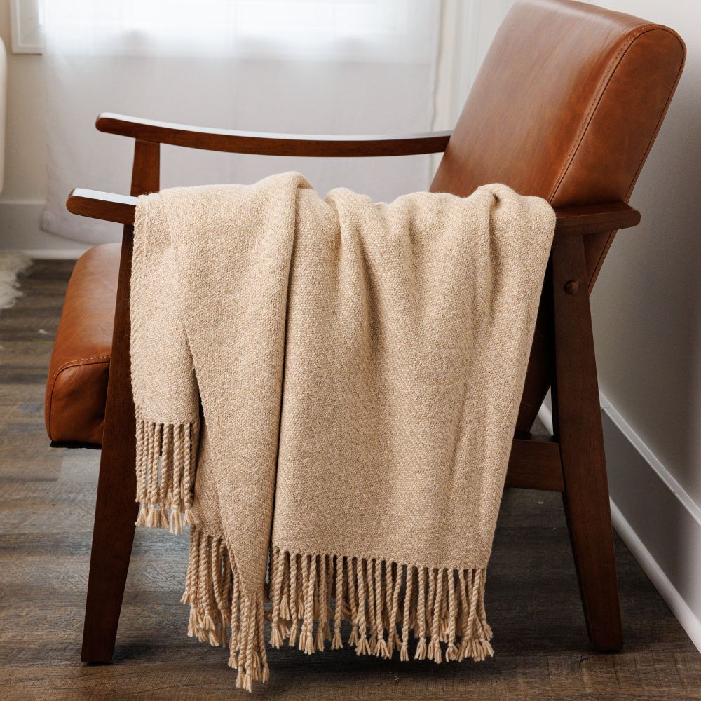 Handloomed Undyed Baby Alpaca & Peruvian Pima Cotton Throw Blanket | Light Tan | Kulsi Collection