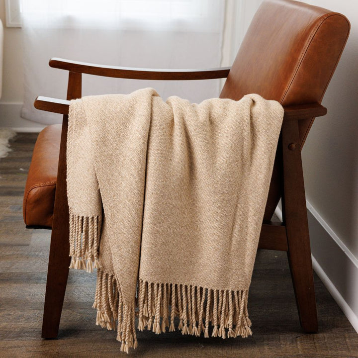 Handloomed Undyed Baby Alpaca & Peruvian Pima Cotton Throw Blanket | Light Tan | Kulsi Collection