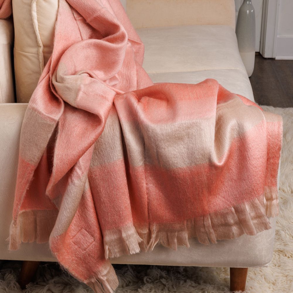 Handwoven Alpaca Throw Blanket | Faded Coral & Eyelash Trim | Kallpa Collection