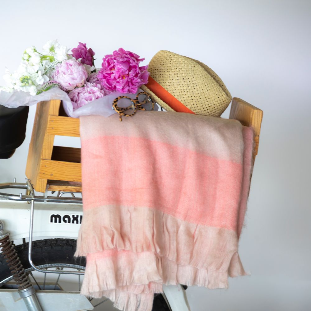 Handwoven Alpaca Throw Blanket | Faded Coral & Eyelash Trim | Kallpa Collection
