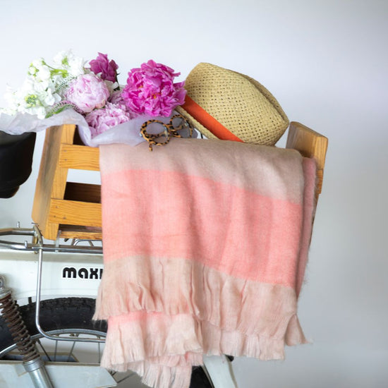 Handwoven Alpaca Throw Blanket | Faded Coral & Eyelash Trim | Kallpa Collection