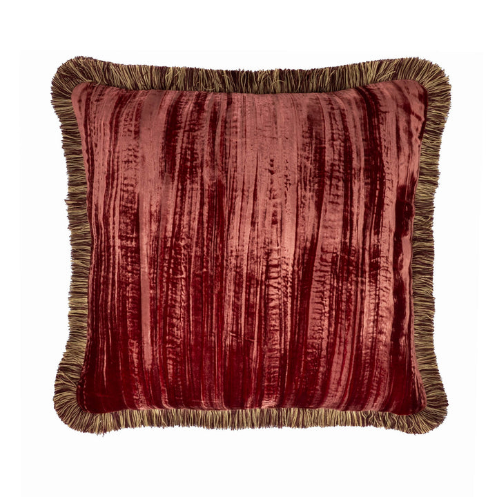 Red Fringed Silk Velvet Throw Pillow 20" X 20", textured velvet accent for couch or bed at Cedar & Spice Gifts