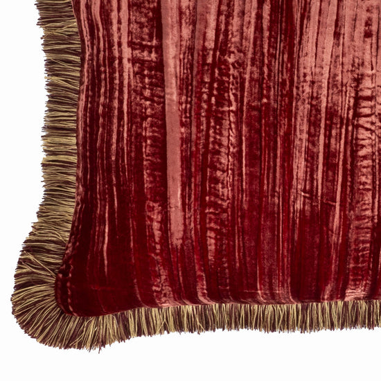 Red Fringed Silk Velvet Throw Pillow 20" X 20"