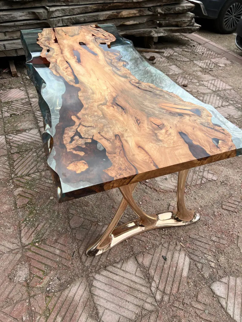 Natural Epoxy Side Dining Table Made Of Linden Wood | Aluminum Legs Featured