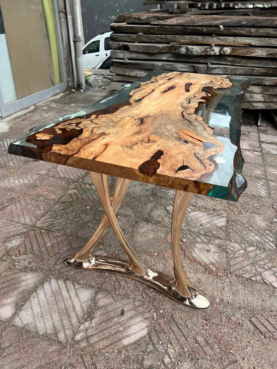Natural Epoxy Side Dining Table Made Of Linden Wood | Aluminum Legs Featured