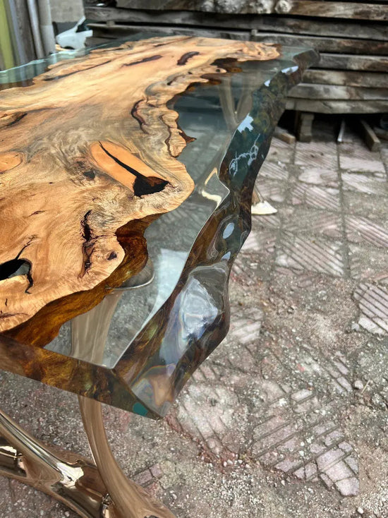 Natural Epoxy Side Dining Table Made Of Linden Wood | Aluminum Legs Featured
