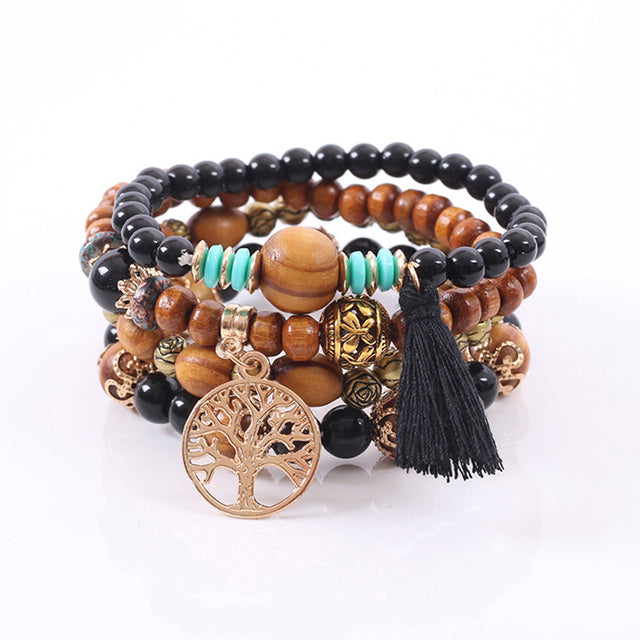 Beautiful Black and Wood Tree of Life Bracelet Set