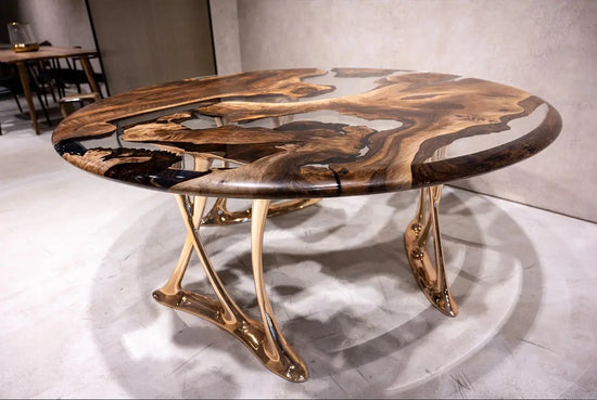 Luxury Round Walnut Dining Table with Rose Gold Aluminum Legs