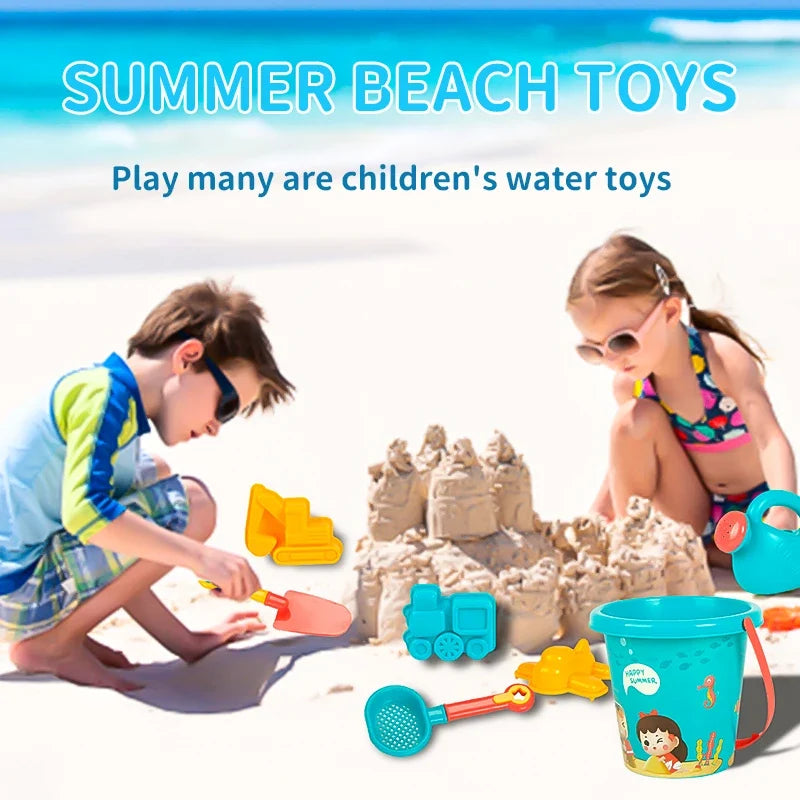 Children’s Beach Toy Set With Plastic Bucket, Watering Bottle & Shovels — Outdoor Sand & Water Play Tools