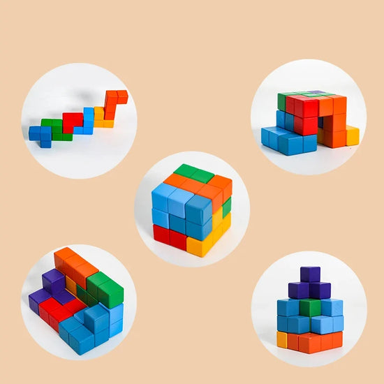 3D Wooden Soma Cube Puzzle Montessori STEM Building Blocks Brain Teaser Toy for Kids