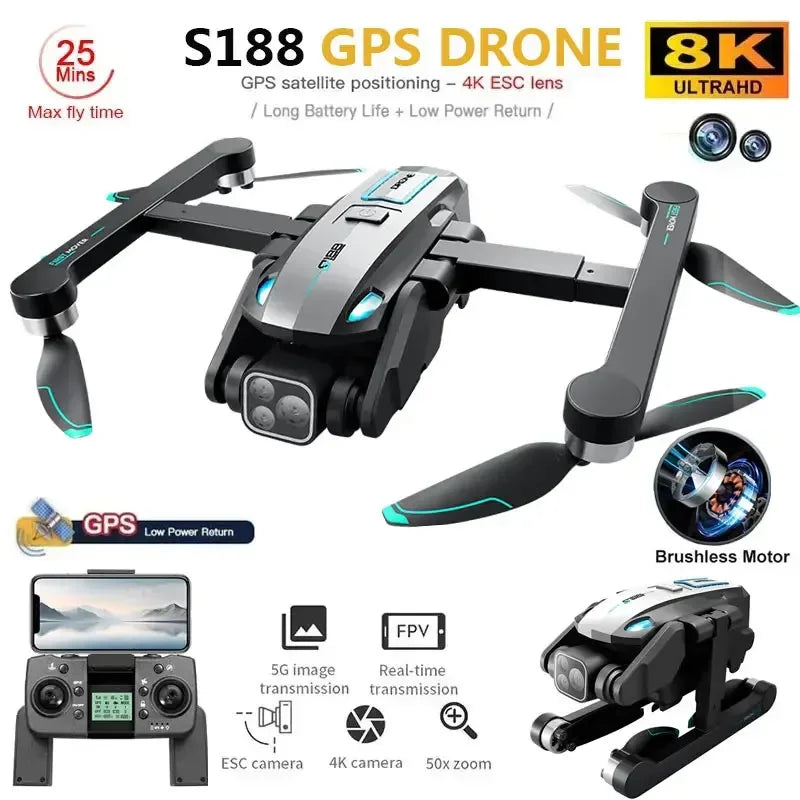 S188 GPS Drone 8K HD Dual Camera 5G WiFi Obstacle Avoidance Brushless Foldable Quadcopter RC 2KM Range Toy