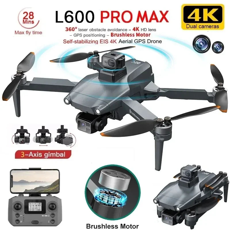 L600 Pro Max GPS Drone 4K 3-Axis PTZ HD Dual Camera Obstacle Avoidance Brushless Motor 5G WiFi RC Quadcopter Toy