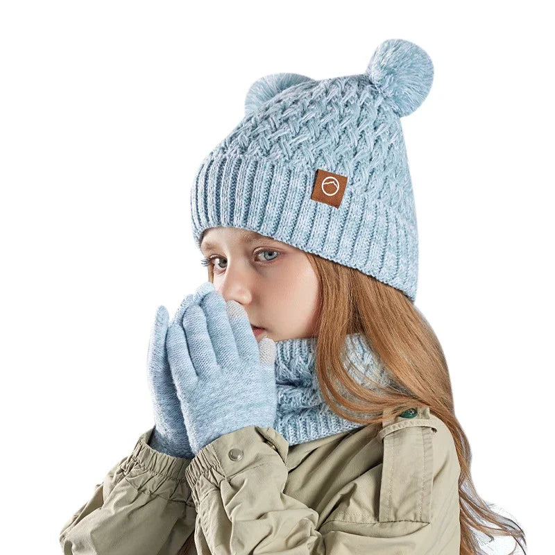 New Children Hats Scarf Gloves Set Cute Bear Colorful Knitted Hat Plus Velvet Warm Hoods Caps for Girls Baby Outdoor Accessories