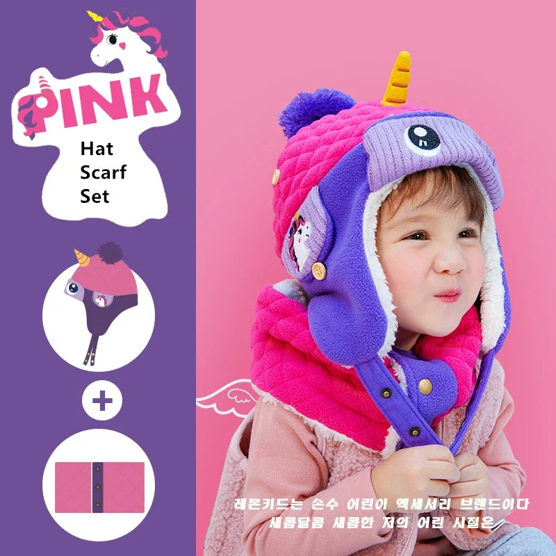 Kids Winter Dinosaur & Unicorn Style Hat, Scarf & Gloves Set – Warm Beanie Caps & Ski Suit for Boys & Girls Outdoor Riding Accessories