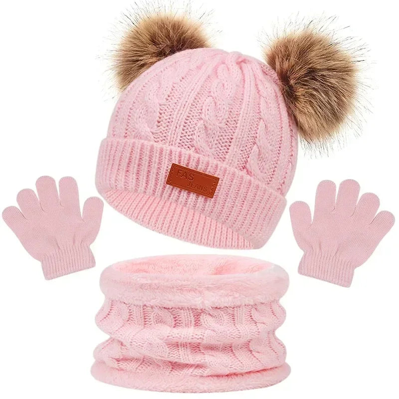 Baby Winter Hat, Scarf & Gloves Set – Knitted Beanie with Fur Ball, Soft Kids Cap for Boys & Girls, Cozy Toddler Winter Accessories (1-5Y)