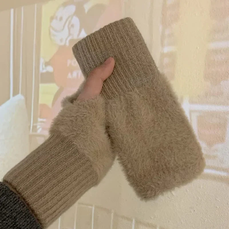 Women's Fingerless Gloves, Plush Warm Knitted Winter Mittens
