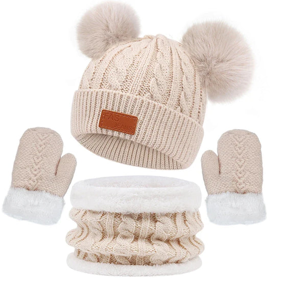 Kids Winter Hat, Scarf & Gloves Set – Double Ball Fleece Lining Baby Beanie Hat for Boys & Girls, Solid Color Knitted Infant Cap (1-4 Years)
