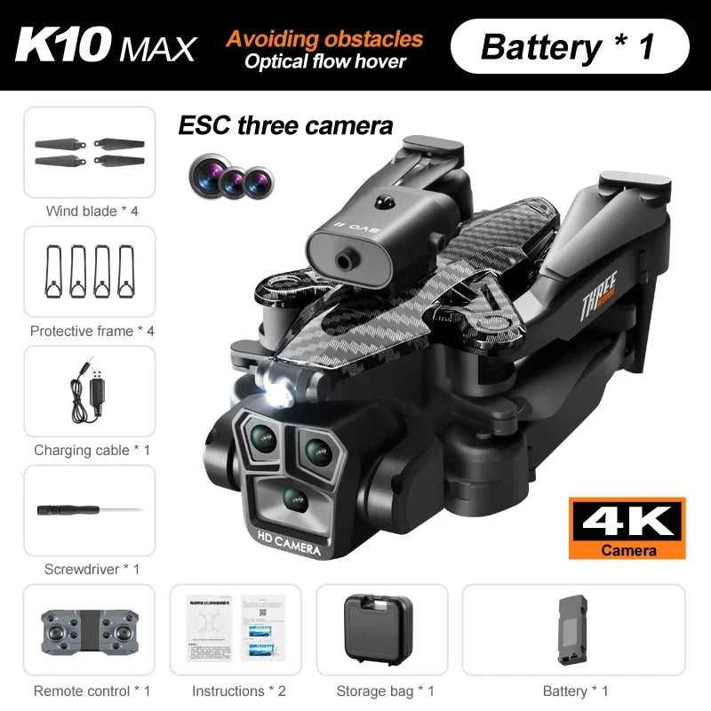 K10 Max RC Drone – HD 4K Quadcopter with 3 Cameras, Obstacle Avoidance, and WIFI FPV