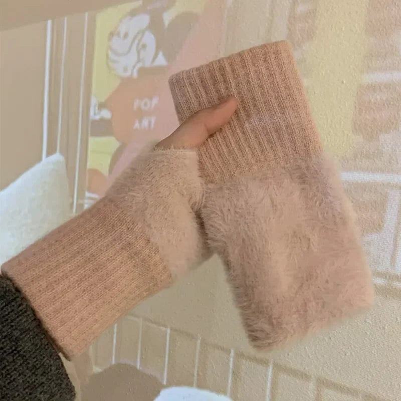 Women's Fingerless Gloves, Plush Warm Knitted Winter Mittens