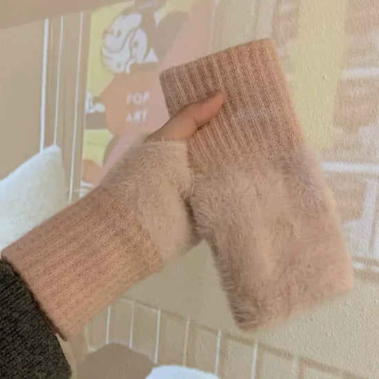 Women's Fingerless Gloves, Plush Warm Knitted Winter Mittens