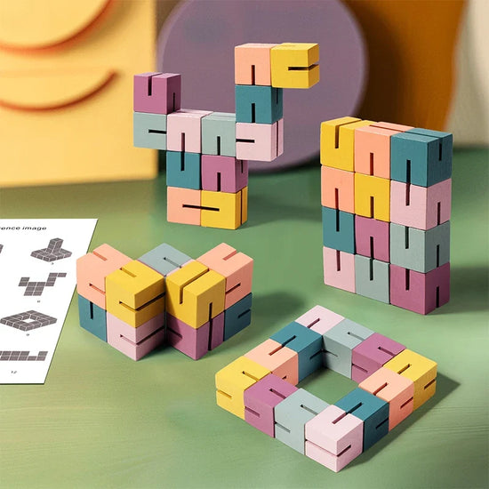 3D Wooden Soma Cube Puzzle Montessori STEM Building Blocks Brain Teaser Toy for Kids