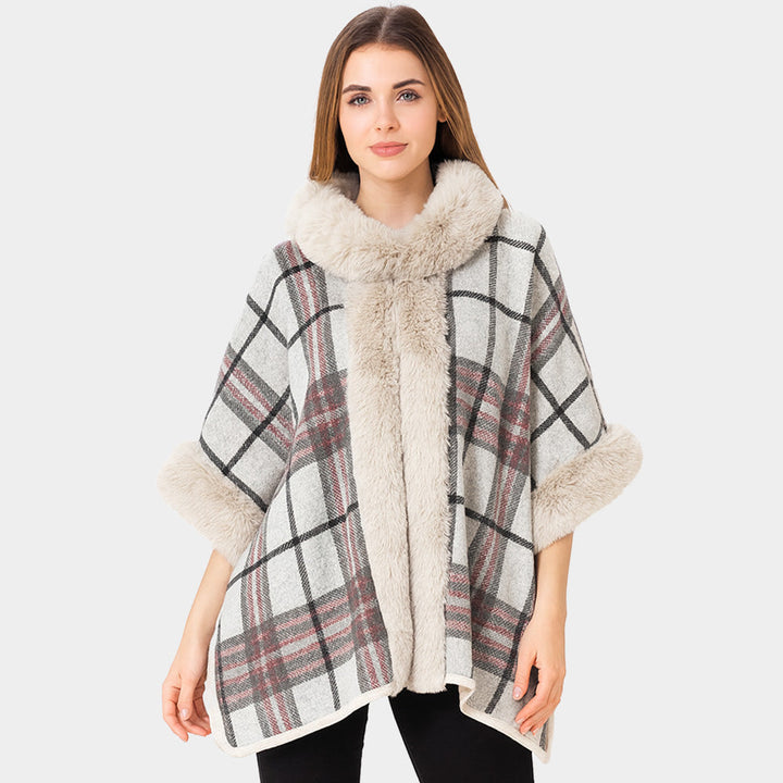 Faux Fur Trim Plaid Check Cape Coat Poncho