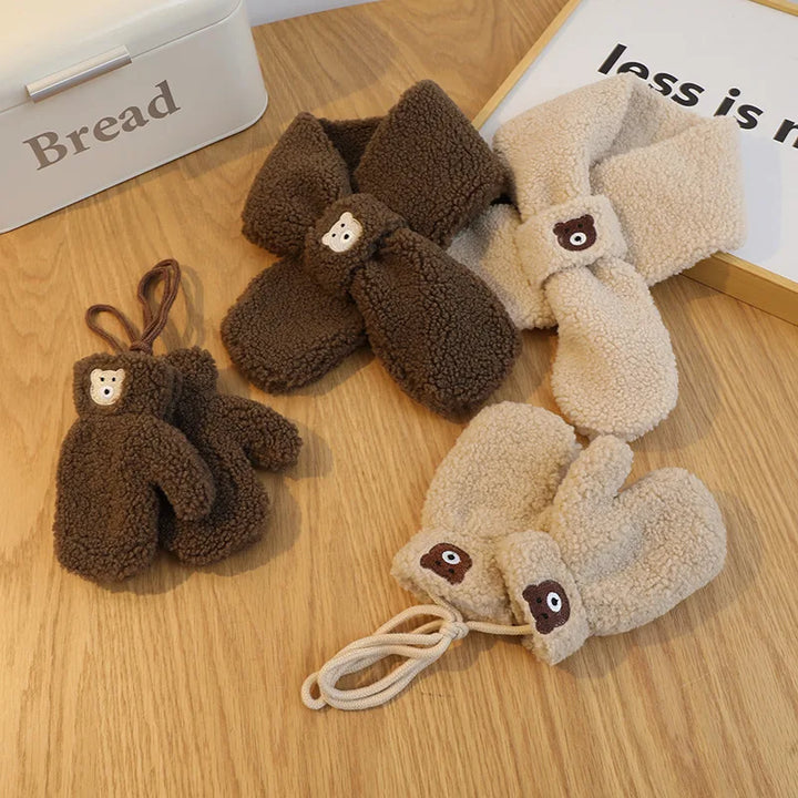 Bear Winter Baby Scarf Gloves Set – Faux Lamb Wool Neck Warmer & Mittens for Boys & Girls (2-6Y) – Warm Korean Kids Accessories