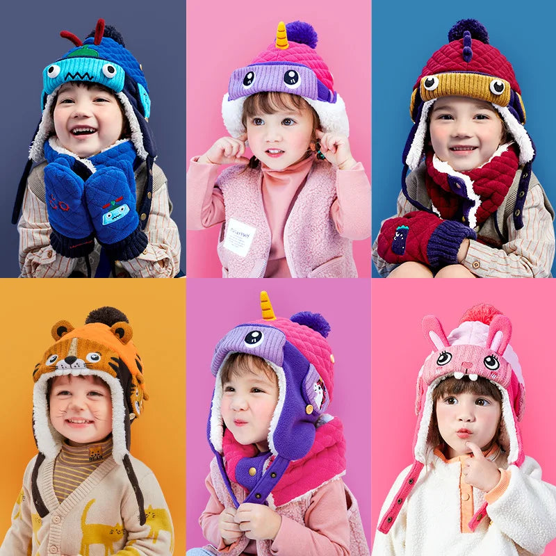 Kids Winter Dinosaur & Unicorn Style Hat, Scarf & Gloves Set – Warm Beanie Caps & Ski Suit for Boys & Girls Outdoor Riding Accessories