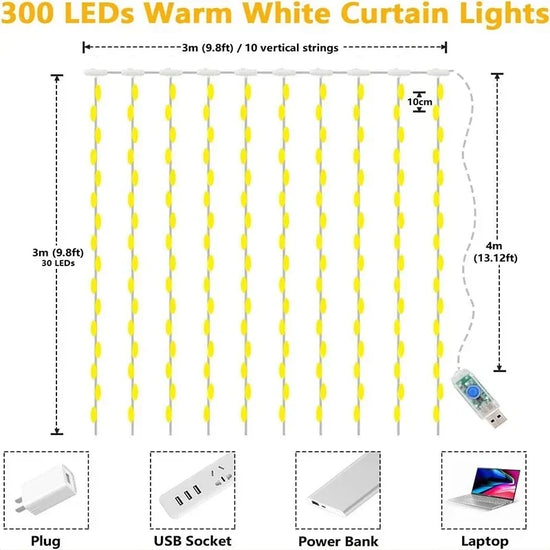 Bright 300 LED Curtain Light, Plug in Fairy Lights for Bedroom, Christmas Hanging String Lamp Outdoor for Window Backdrop Wall