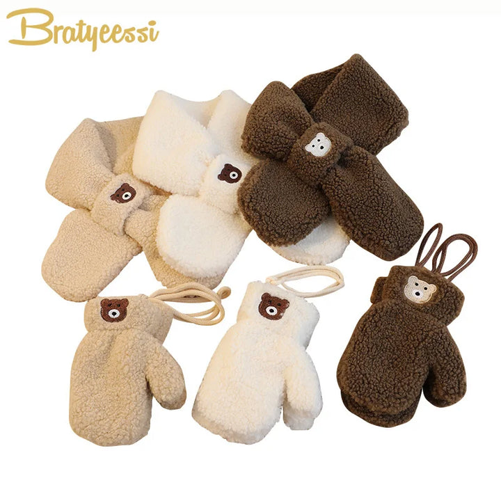 Bear Winter Baby Scarf Gloves Set – Faux Lamb Wool Neck Warmer & Mittens for Boys & Girls (2-6Y) – Warm Korean Kids Accessories