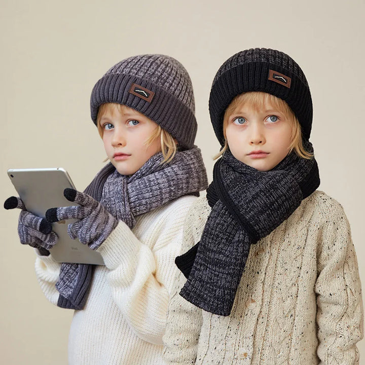 3Pcs Children Winter Hat, Scarf & Gloves Set – Knitted Beanie, Non-Slip Telefingers Gloves, Warm Cap for Boys & Girls 4-10 Years
